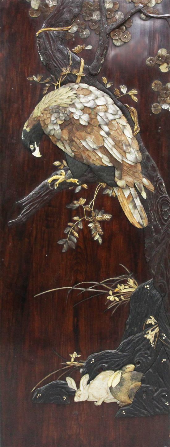 A large Japanese shibayama style eagle panel, late 19th century, 153 x 59cm, numerous losses to inlay